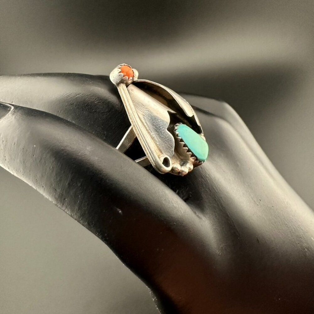 Unique Vintage Native American Turquoise & Coral Sterling Silver Ring Size 6 - Picture 5 of 8
